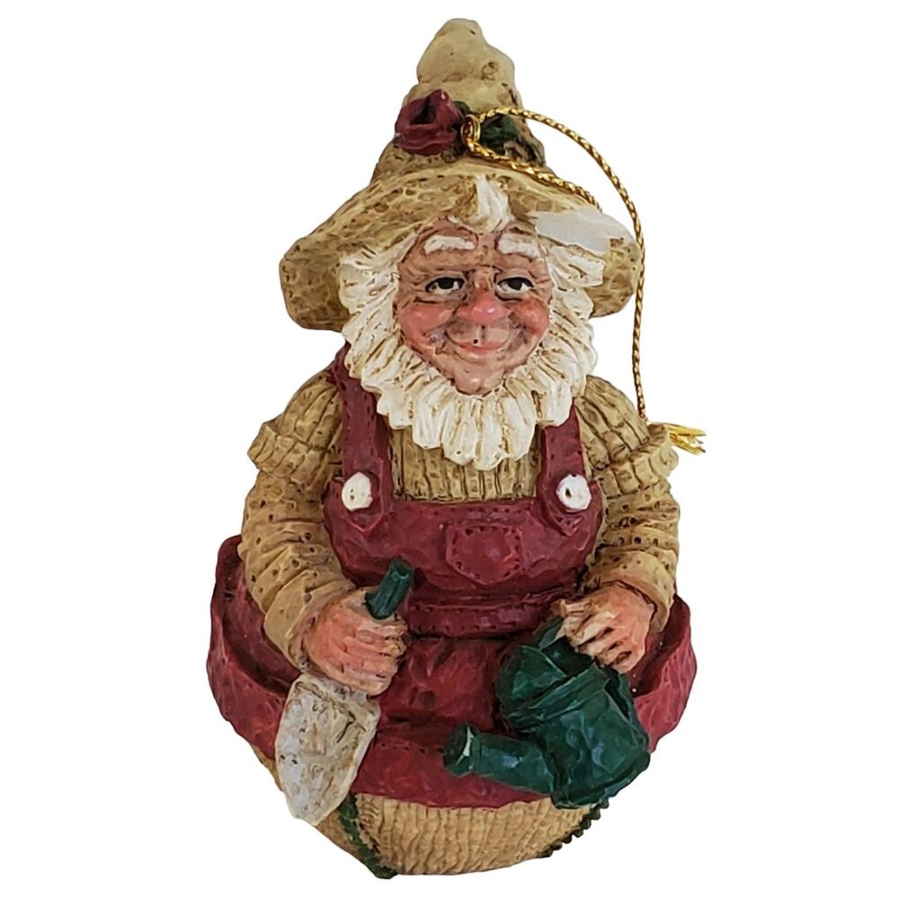 VTG Garden Gnome Santa Ornament 3.5" Watering Can & Shovel Hand-Painted Resin